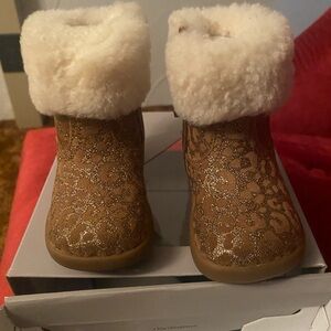 UGG Brown Leopard Kids Boots with Cream Fur